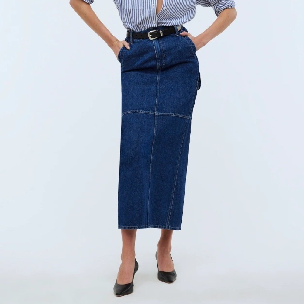 Madewell Denim Carpenter Jean Maxi Skirt Medium Handlon Wash Blue Back Slit 28
